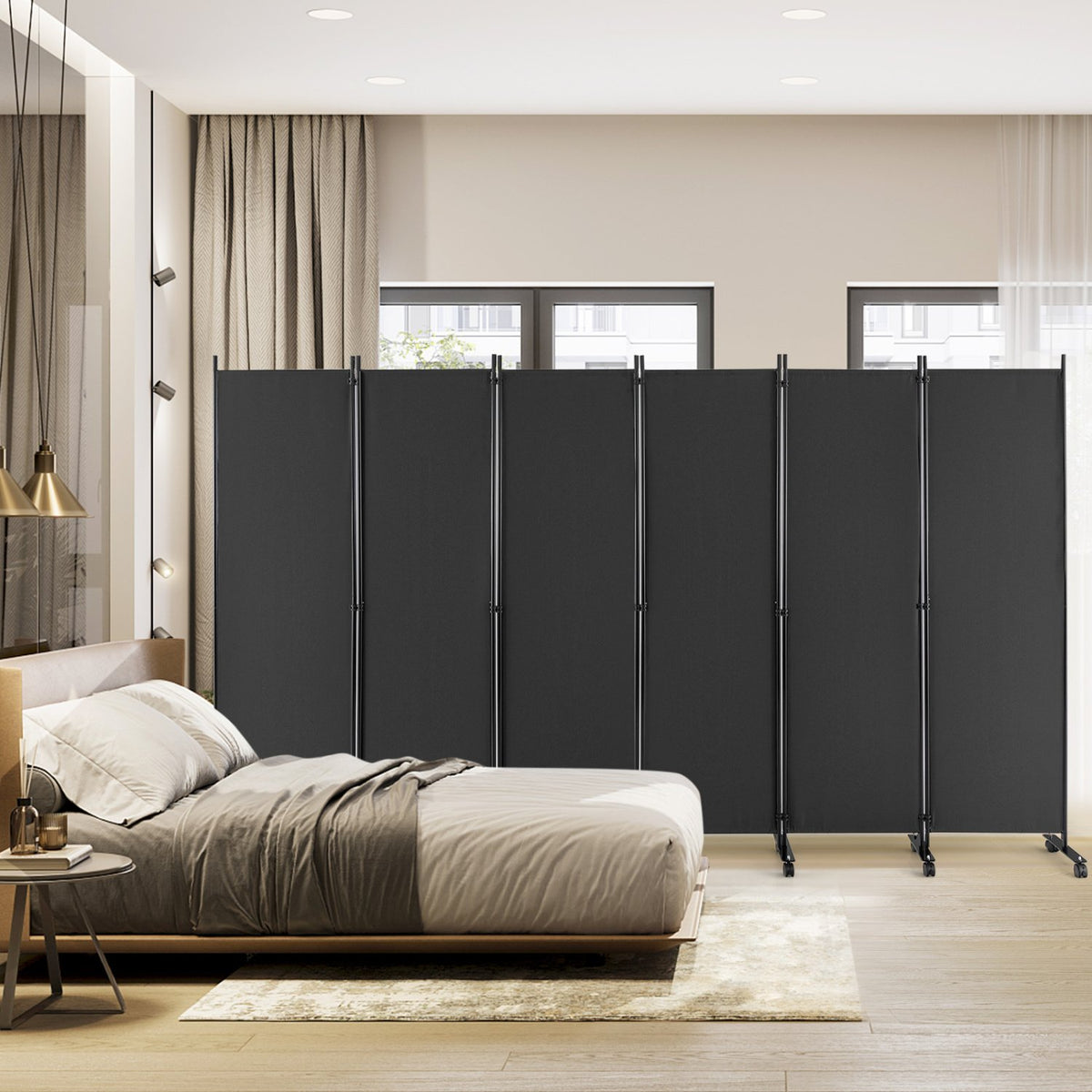 6 Panel 5.7 Feet Tall Rolling Room Divider on Wheels-Gray view 3