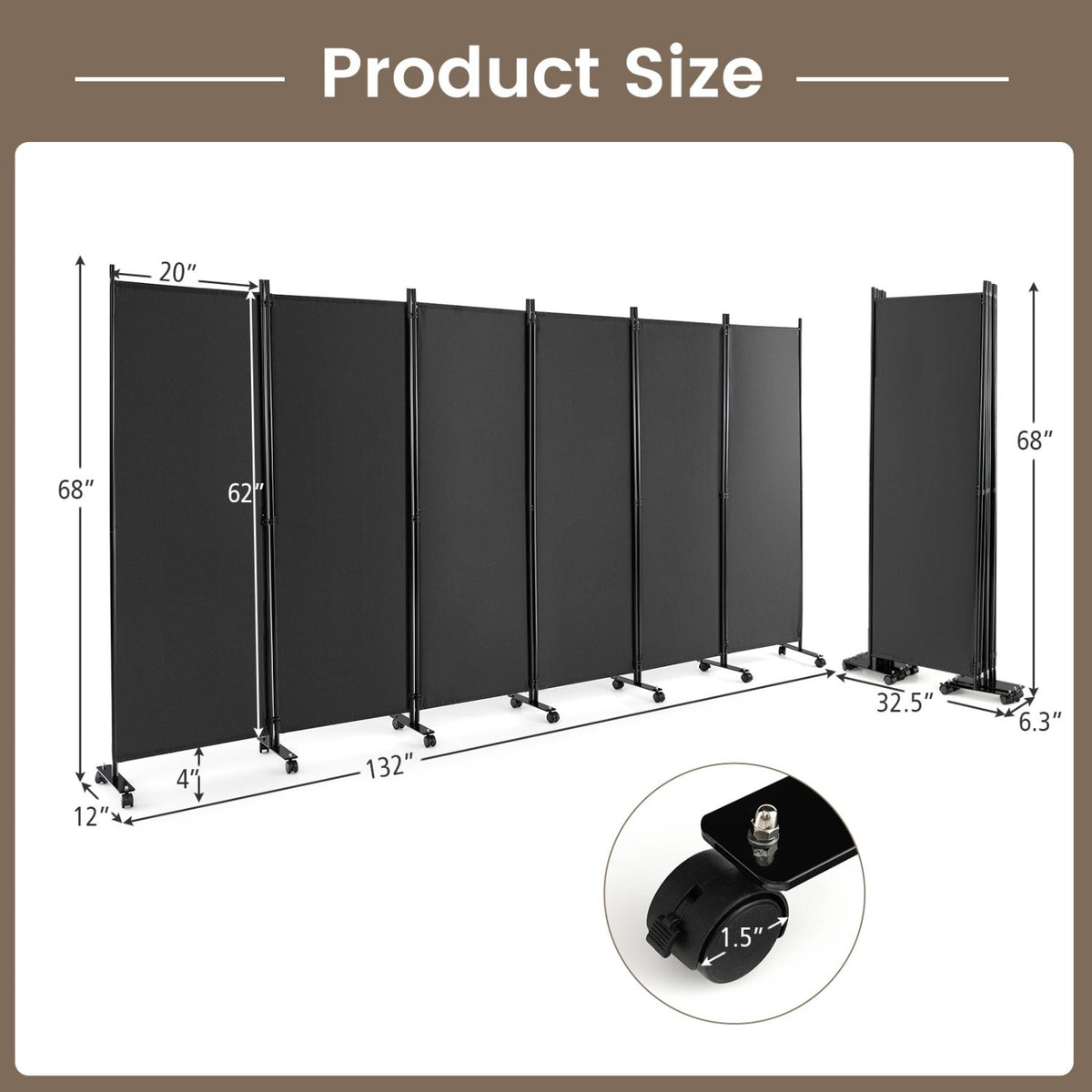 6 Panel 5.7 Feet Tall Rolling Room Divider on Wheels-Gray view 4