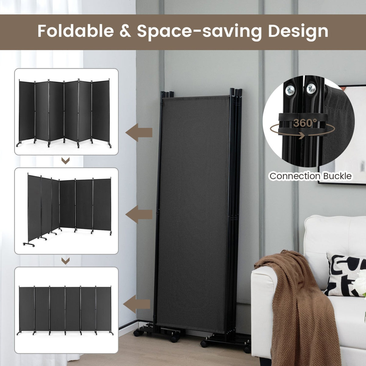 6 Panel 5.7 Feet Tall Rolling Room Divider on Wheels-Gray view 6