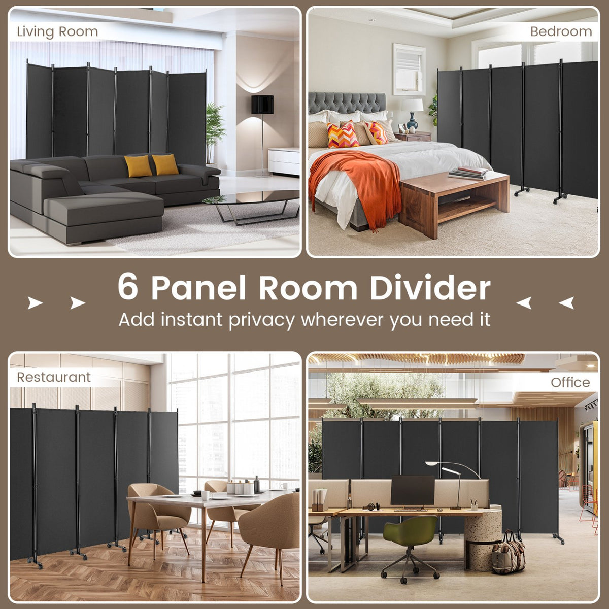 6 Panel 5.7 Feet Tall Rolling Room Divider on Wheels-Gray view 7
