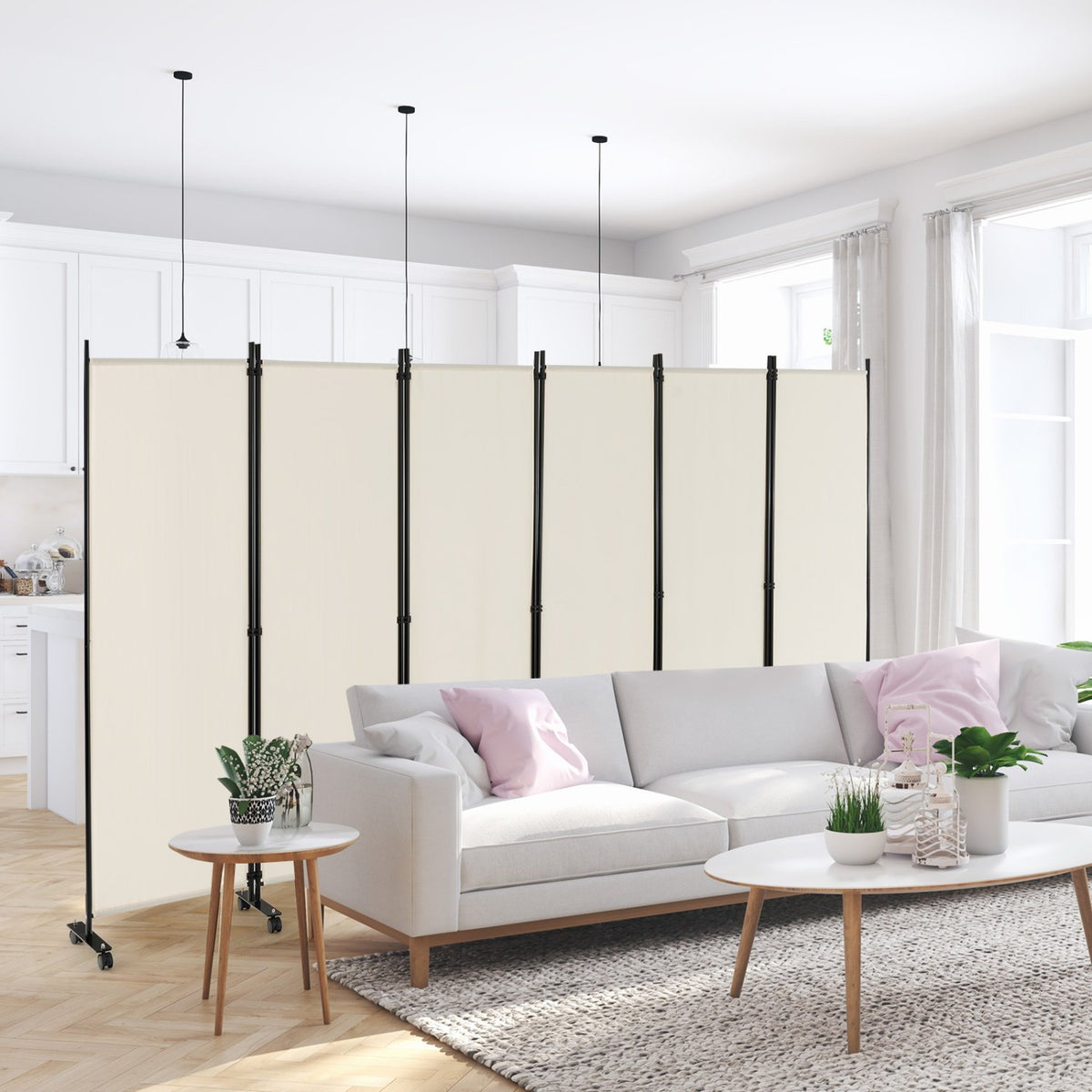 6 Panel 5.7 Feet Tall Rolling Room Divider on Wheels-White view 2
