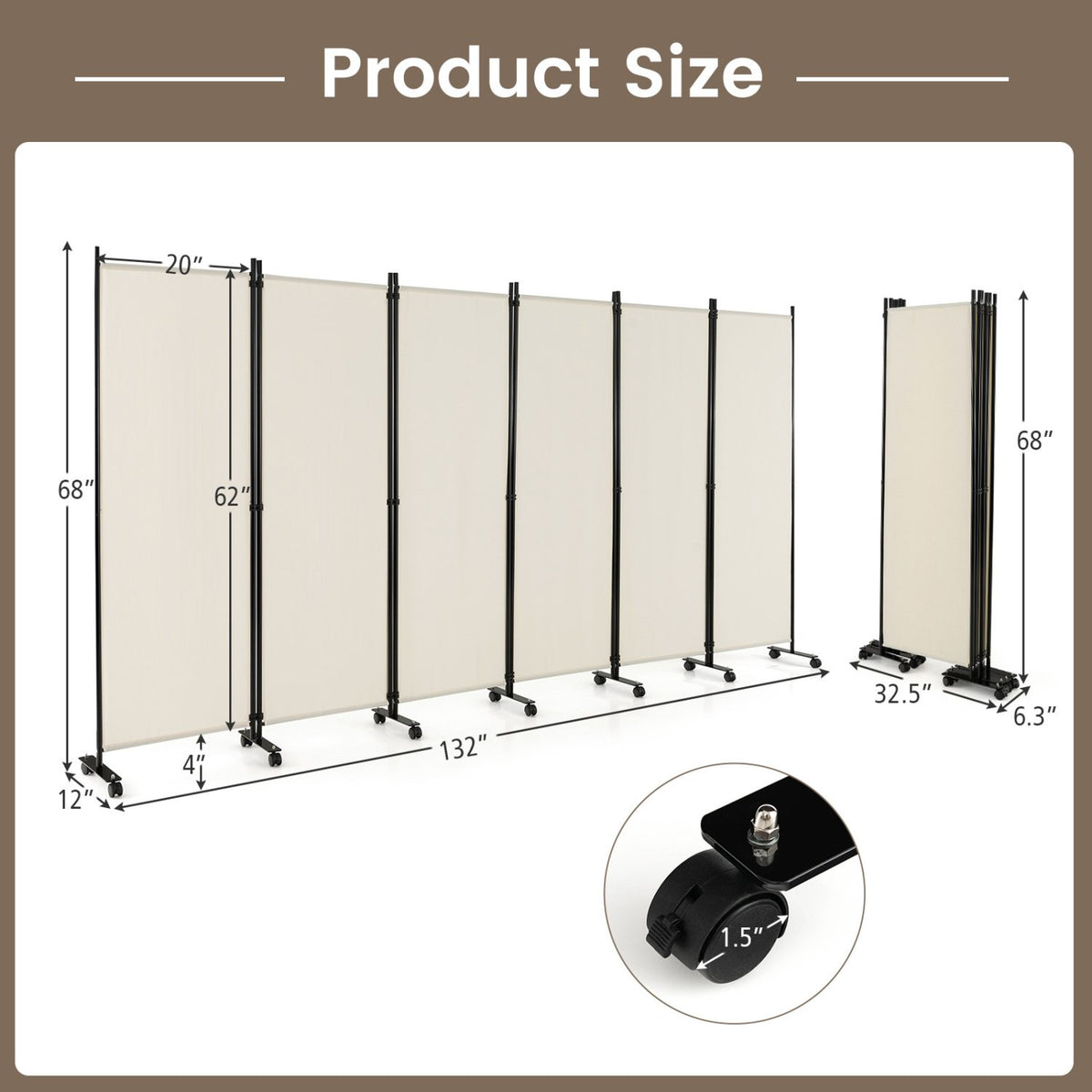 6 Panel 5.7 Feet Tall Rolling Room Divider on Wheels-White view 4