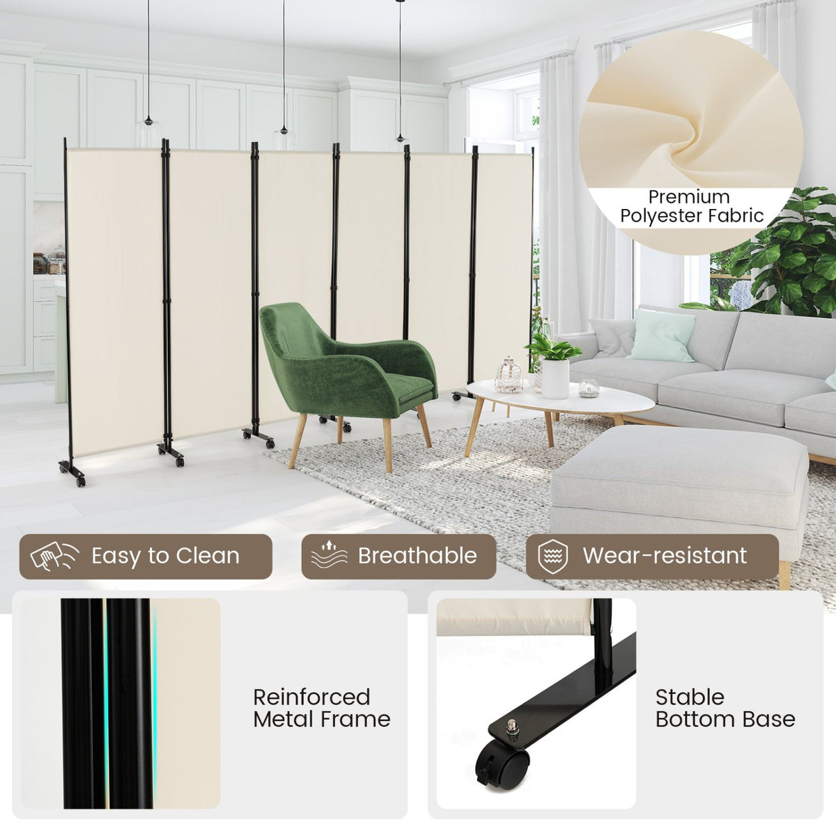 6 Panel 5.7 Feet Tall Rolling Room Divider on Wheels-White view 5
