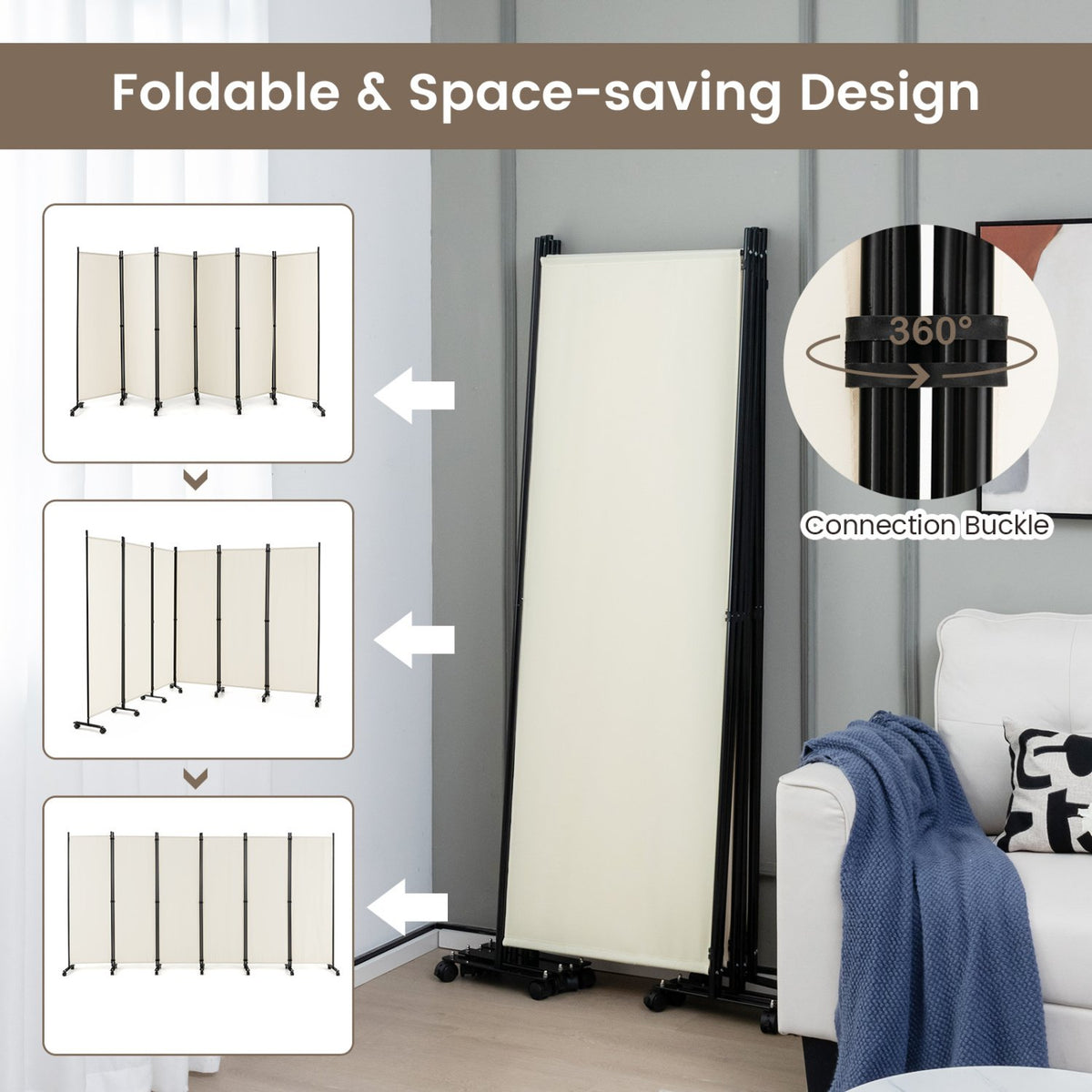 6 Panel 5.7 Feet Tall Rolling Room Divider on Wheels-White view 6
