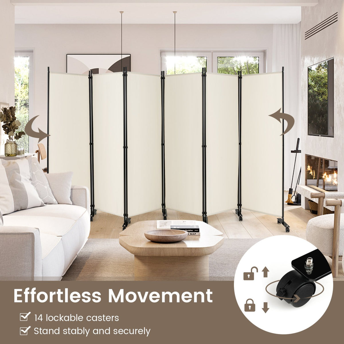 6 Panel 5.7 Feet Tall Rolling Room Divider on Wheels-White view 7