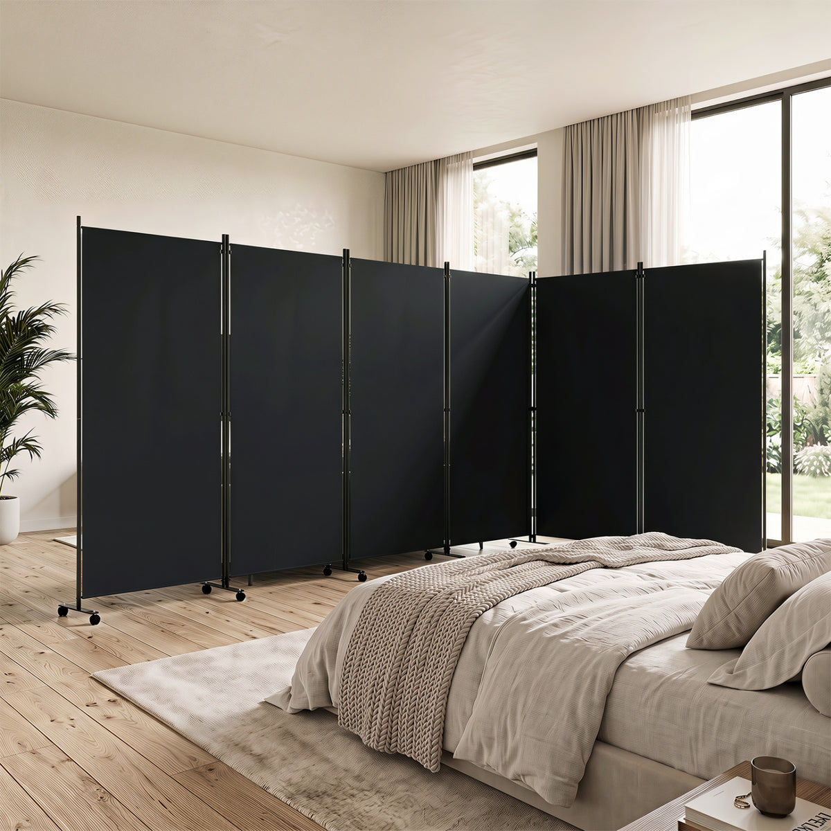 6 Panel Folding Privacy Screen Room Divider with Wheels-Black view 3