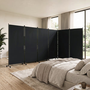 6 Panel Folding Privacy Screen Room Divider with Wheels-Black view 3