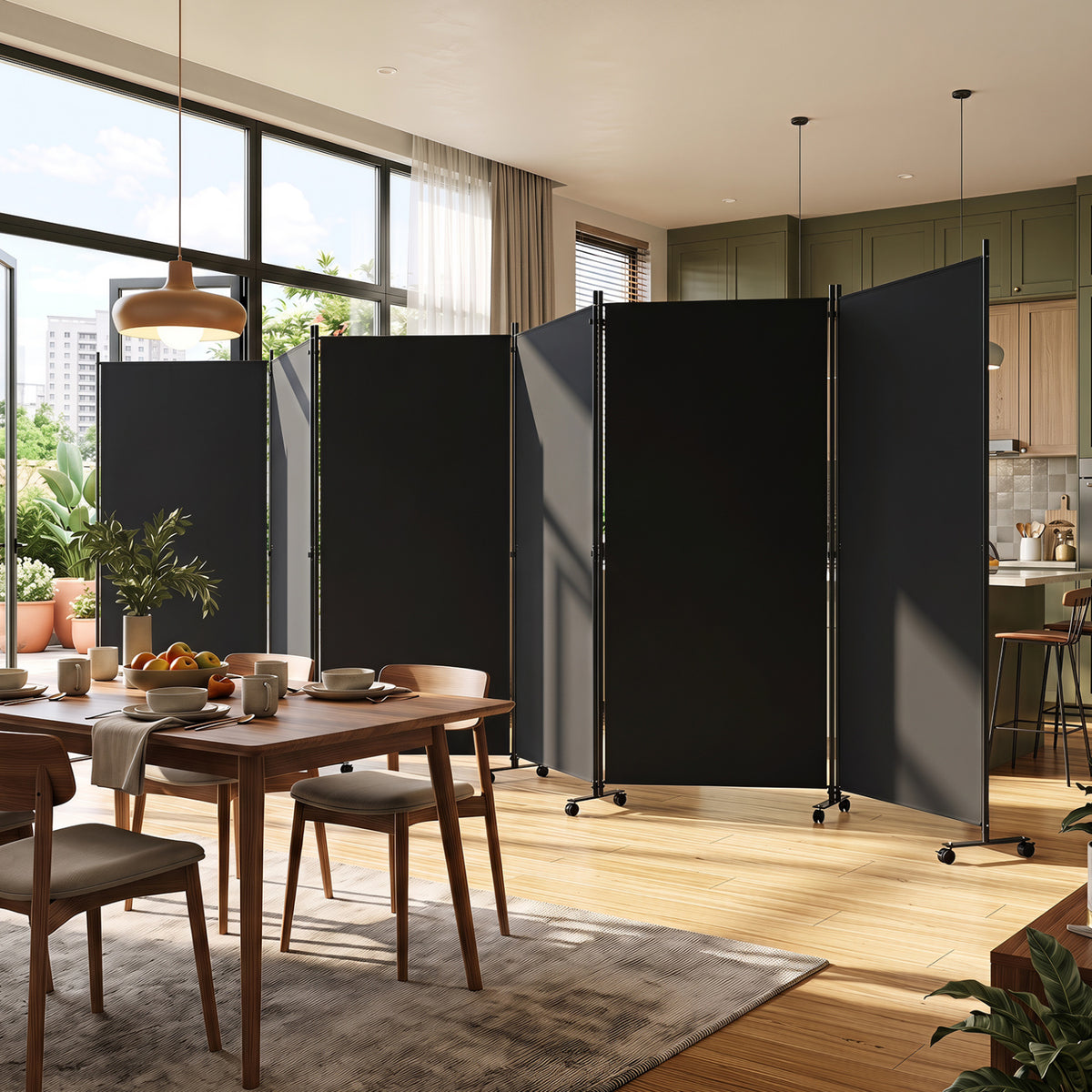 6 Panel Folding Privacy Screen Room Divider with Wheels-Black view 6