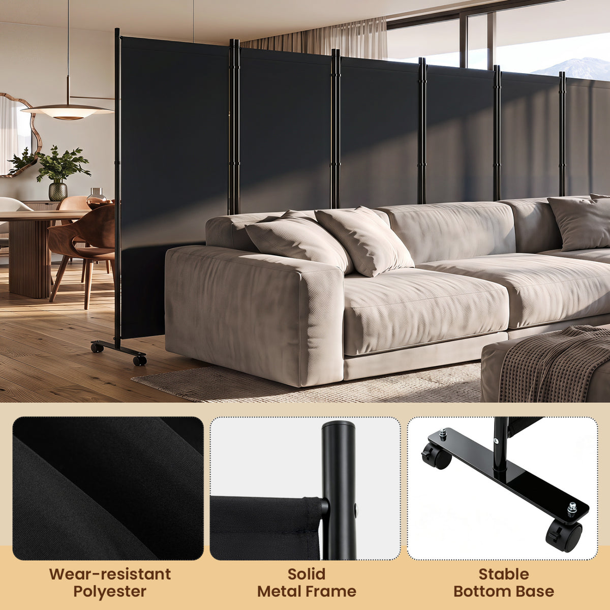 6 Panel Folding Privacy Screen Room Divider with Wheels-Black view 8