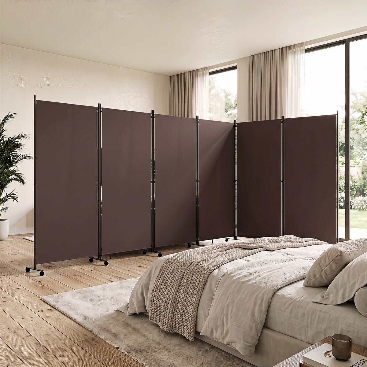 6 Panel Folding Privacy Screen Room Divider with Wheels-Coffee view 3