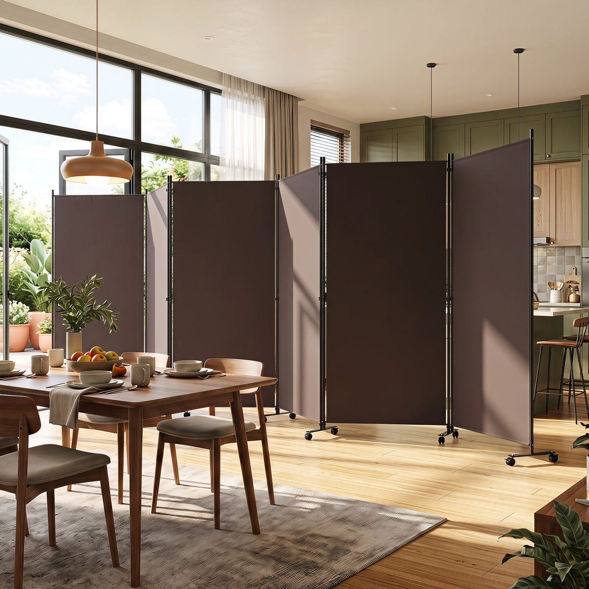 6 Panel Folding Privacy Screen Room Divider with Wheels-Coffee view 6
