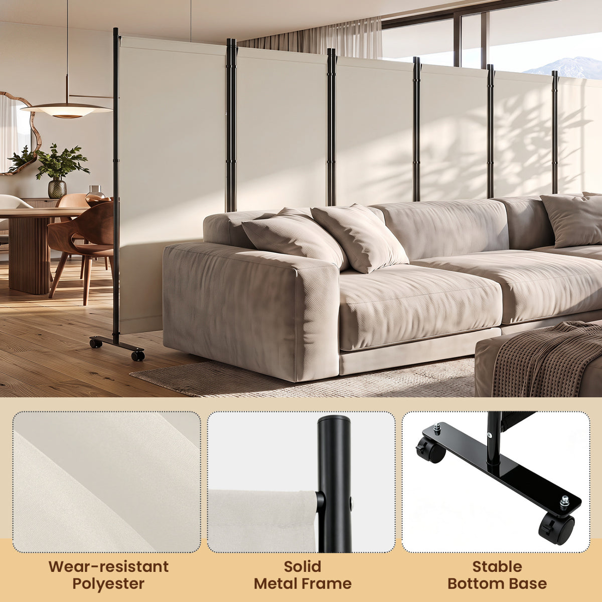 6 Panel Folding Privacy Screen Room Divider with Wheels-White view 8