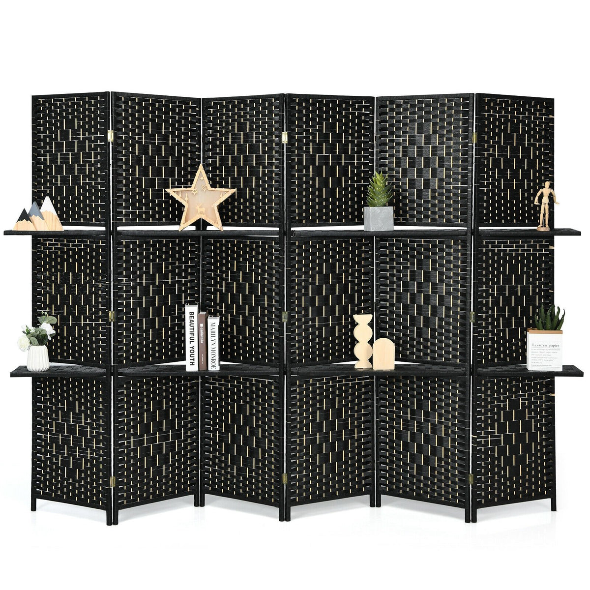 6 Panel Folding Weave Fiber Room Divider with 2 Display Shelves -Black view 3