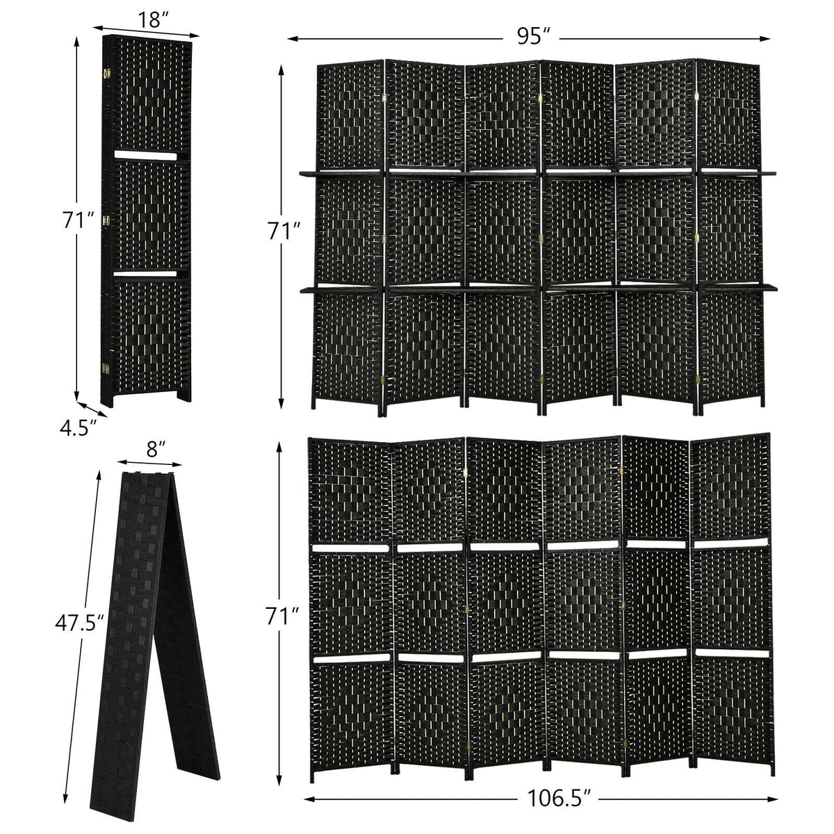 6 Panel Folding Weave Fiber Room Divider with 2 Display Shelves -Black view 4
