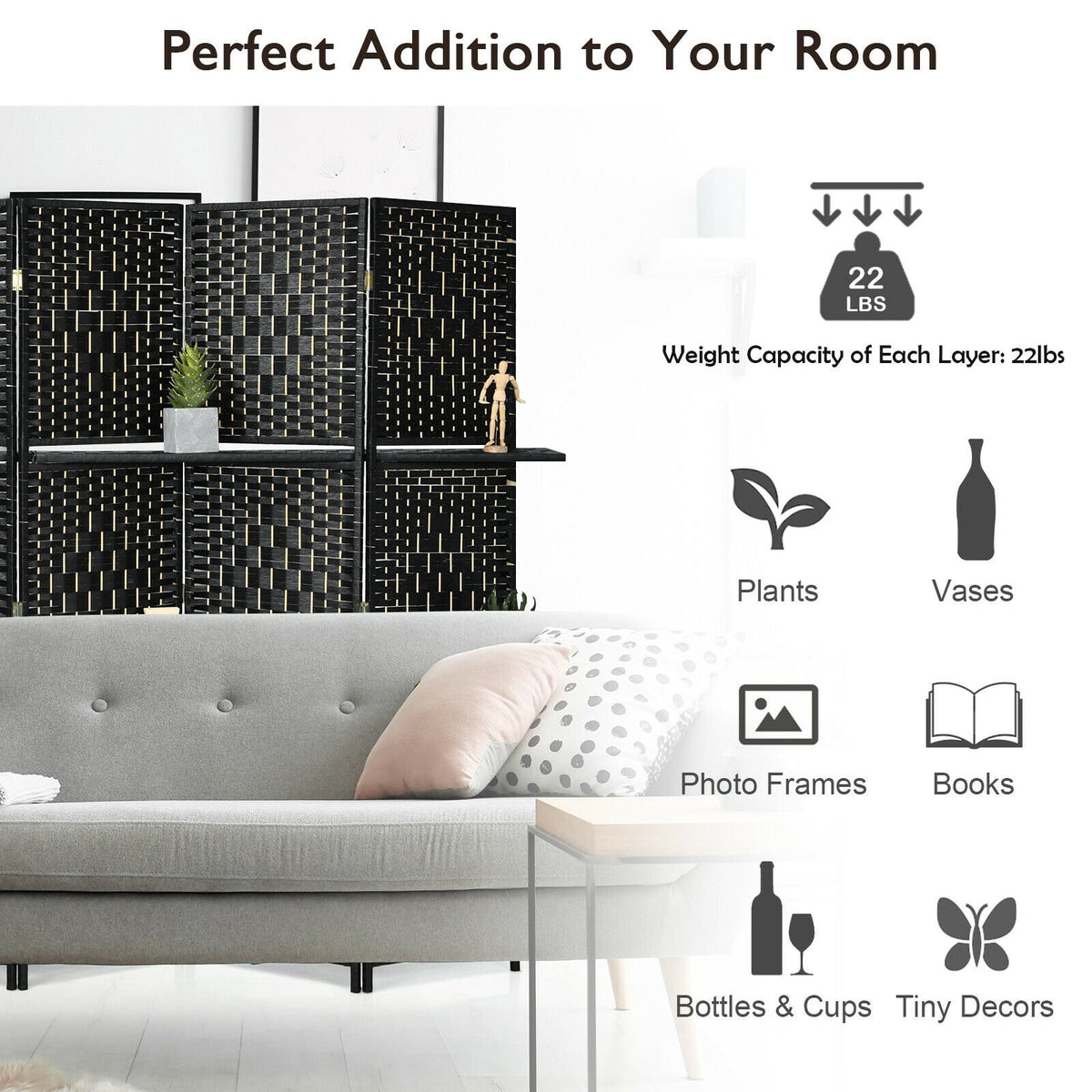 6 Panel Folding Weave Fiber Room Divider with 2 Display Shelves -Black view 5