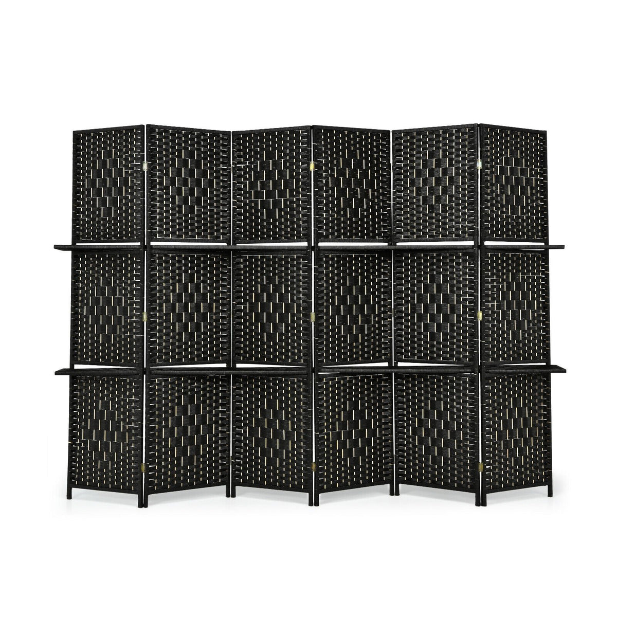 6 Panel Folding Weave Fiber Room Divider with 2 Display Shelves -Black view 6
