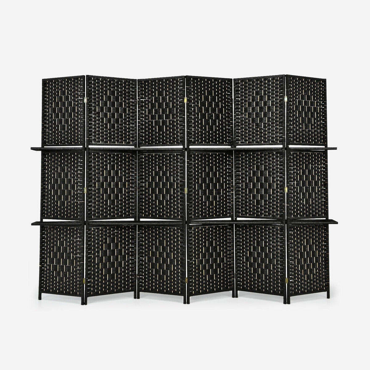 6 Panel Folding Weave Fiber Room Divider with 2 Display Shelves -Black view 7