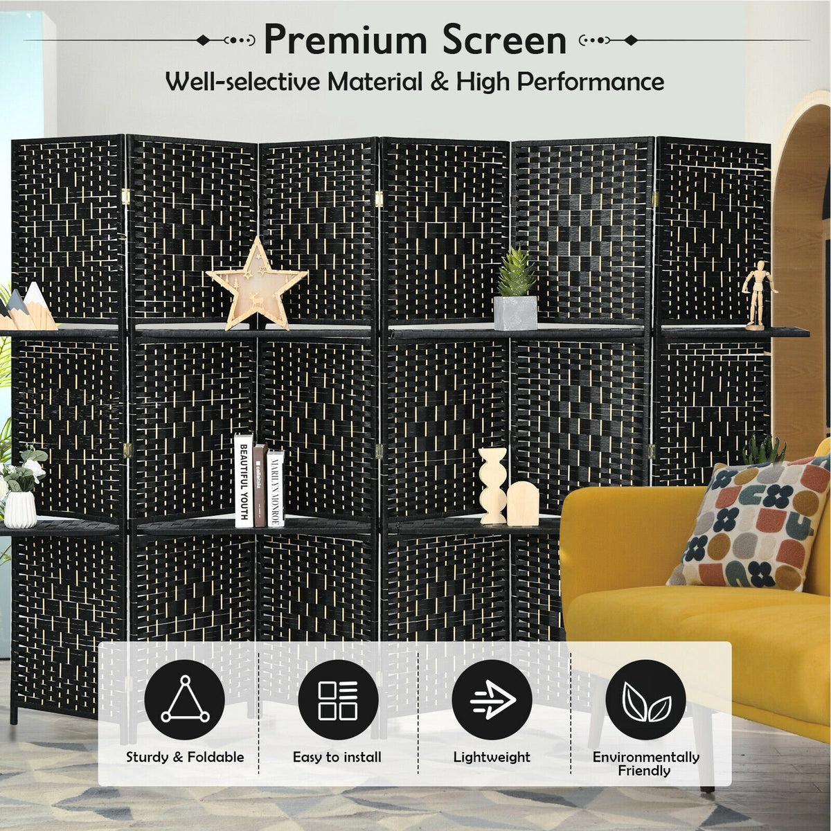 6 Panel Folding Weave Fiber Room Divider with 2 Display Shelves -Black view 8