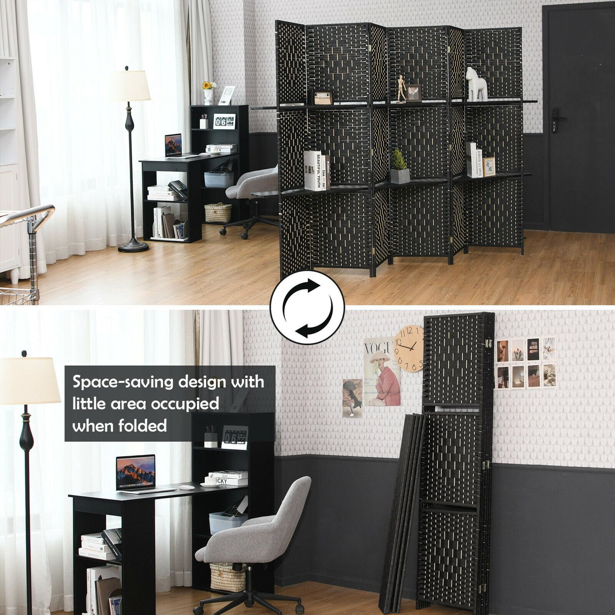 6 Panel Folding Weave Fiber Room Divider with 2 Display Shelves -Black view 9
