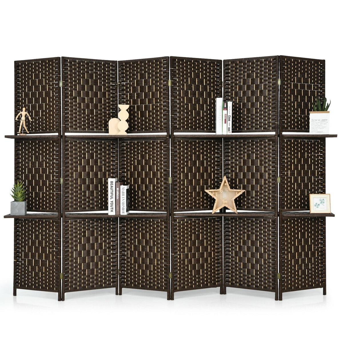 6 Panel Folding Weave Fiber Room Divider with 2 Display Shelves -Brown view 2