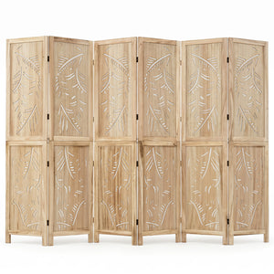 6-Panel Wooden Room Divider with Palm Leaf Design & Paulownia Frame for Home