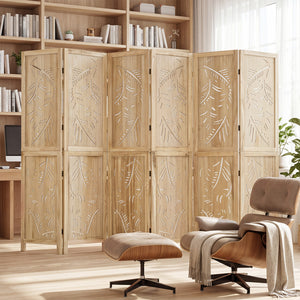 6-Panel Wooden Room Divider with Palm Leaf Design & Paulownia Frame for Home view 2