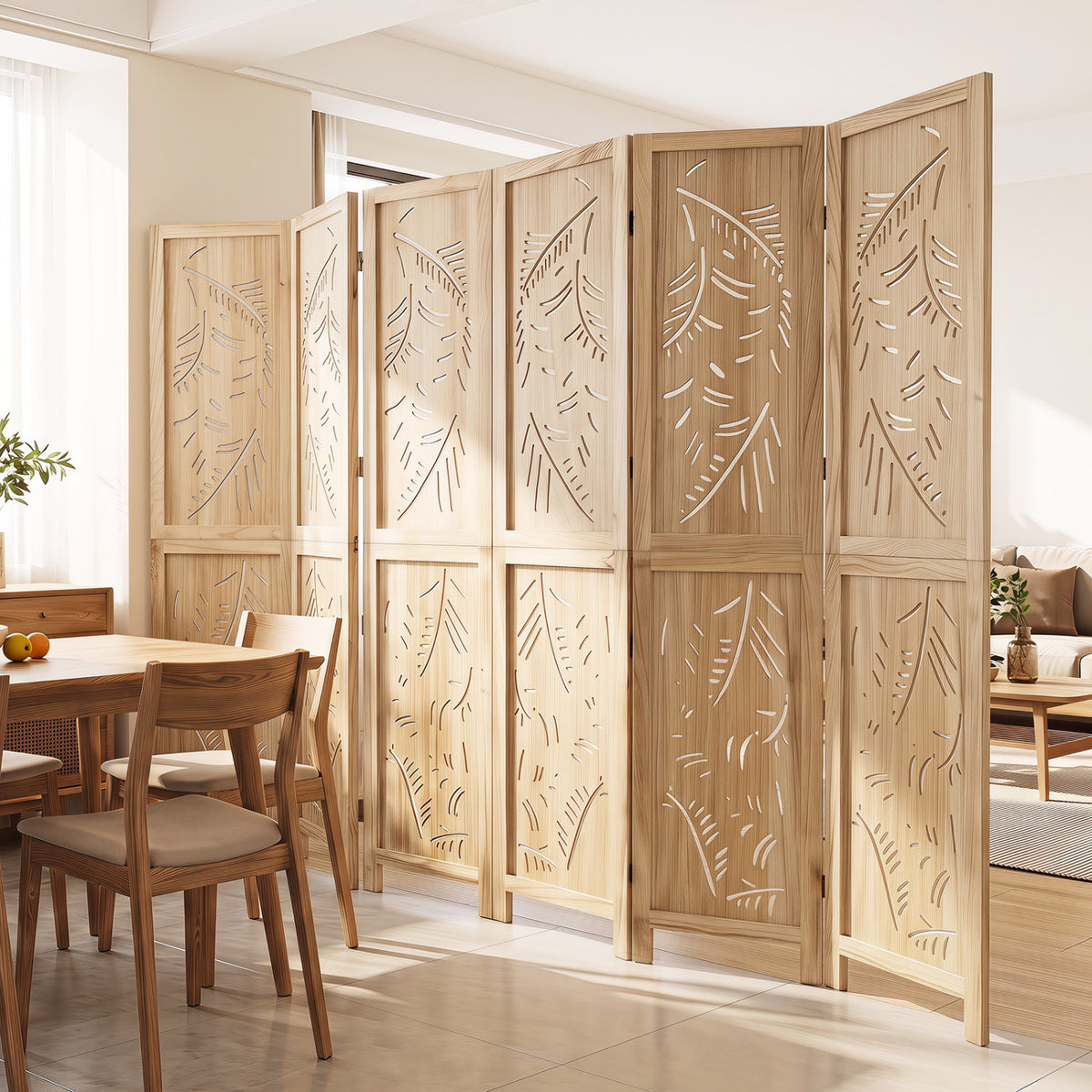 6-Panel Wooden Room Divider with Palm Leaf Design & Paulownia Frame for Home view 3
