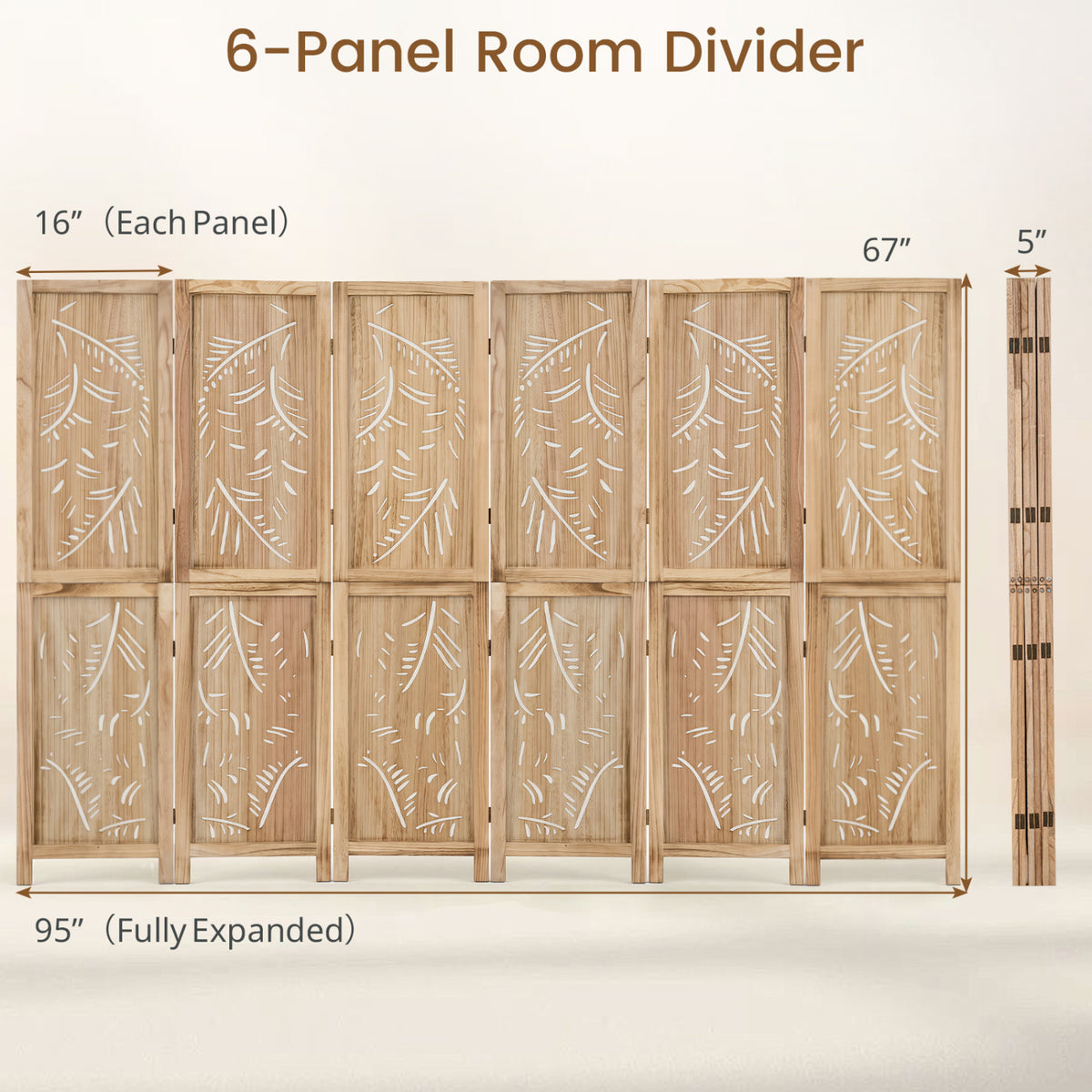 6-Panel Wooden Room Divider with Palm Leaf Design & Paulownia Frame for Home view 4