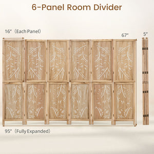 6-Panel Wooden Room Divider with Palm Leaf Design & Paulownia Frame for Home view 4