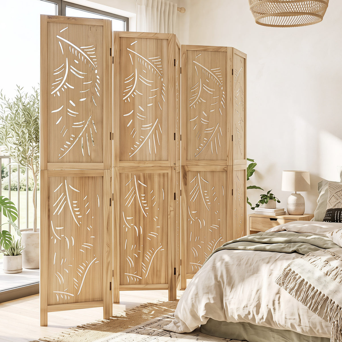 6-Panel Wooden Room Divider with Palm Leaf Design & Paulownia Frame for Home view 5