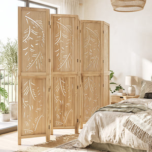 6-Panel Wooden Room Divider with Palm Leaf Design & Paulownia Frame for Home view 5
