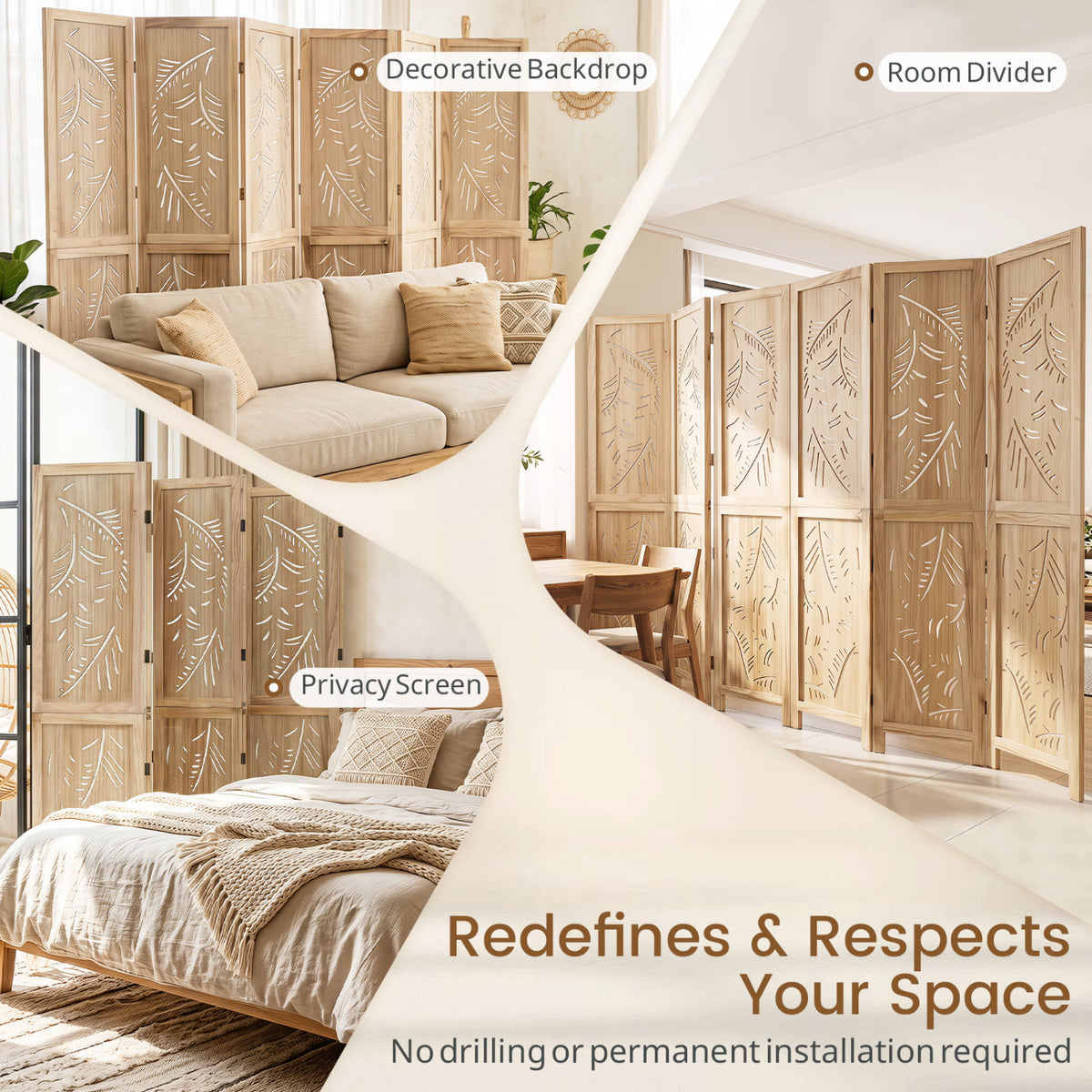 6-Panel Wooden Room Divider with Palm Leaf Design & Paulownia Frame for Home view 6