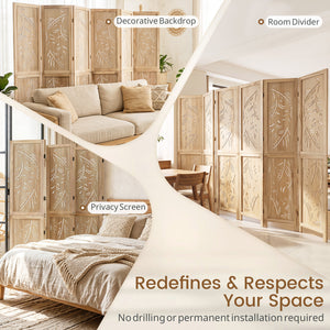 6-Panel Wooden Room Divider with Palm Leaf Design & Paulownia Frame for Home view 6