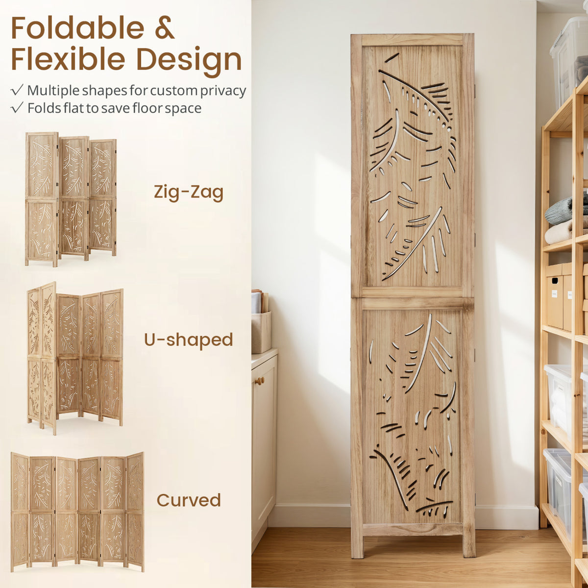 6-Panel Wooden Room Divider with Palm Leaf Design & Paulownia Frame for Home view 8