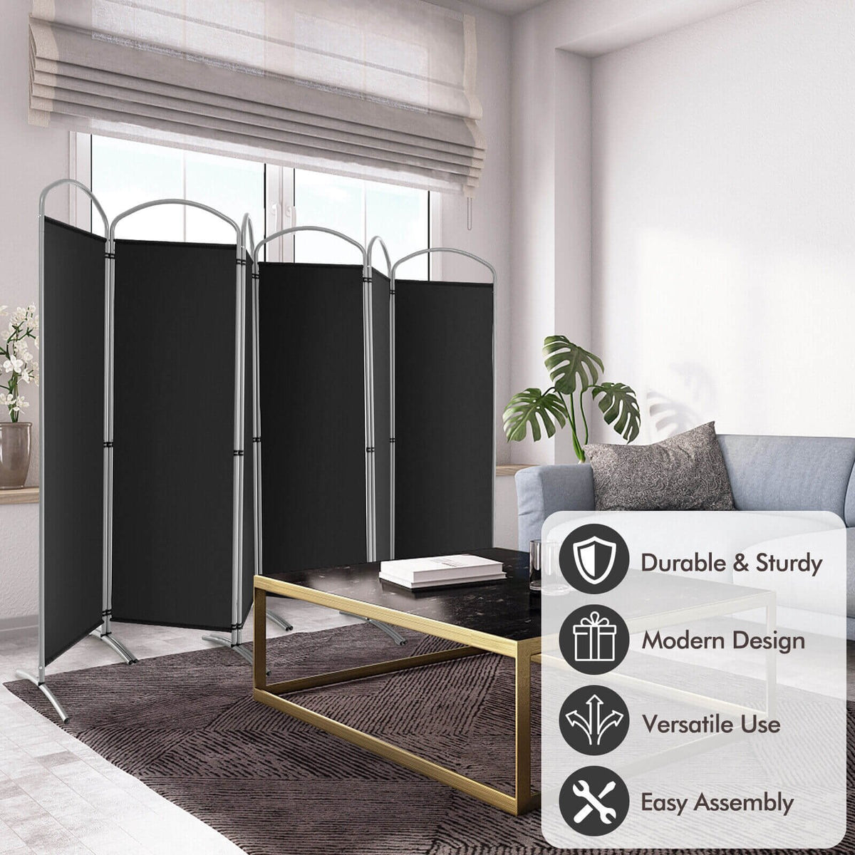 6-Panels Freestanding Folding Privacy Screen-Black view 6