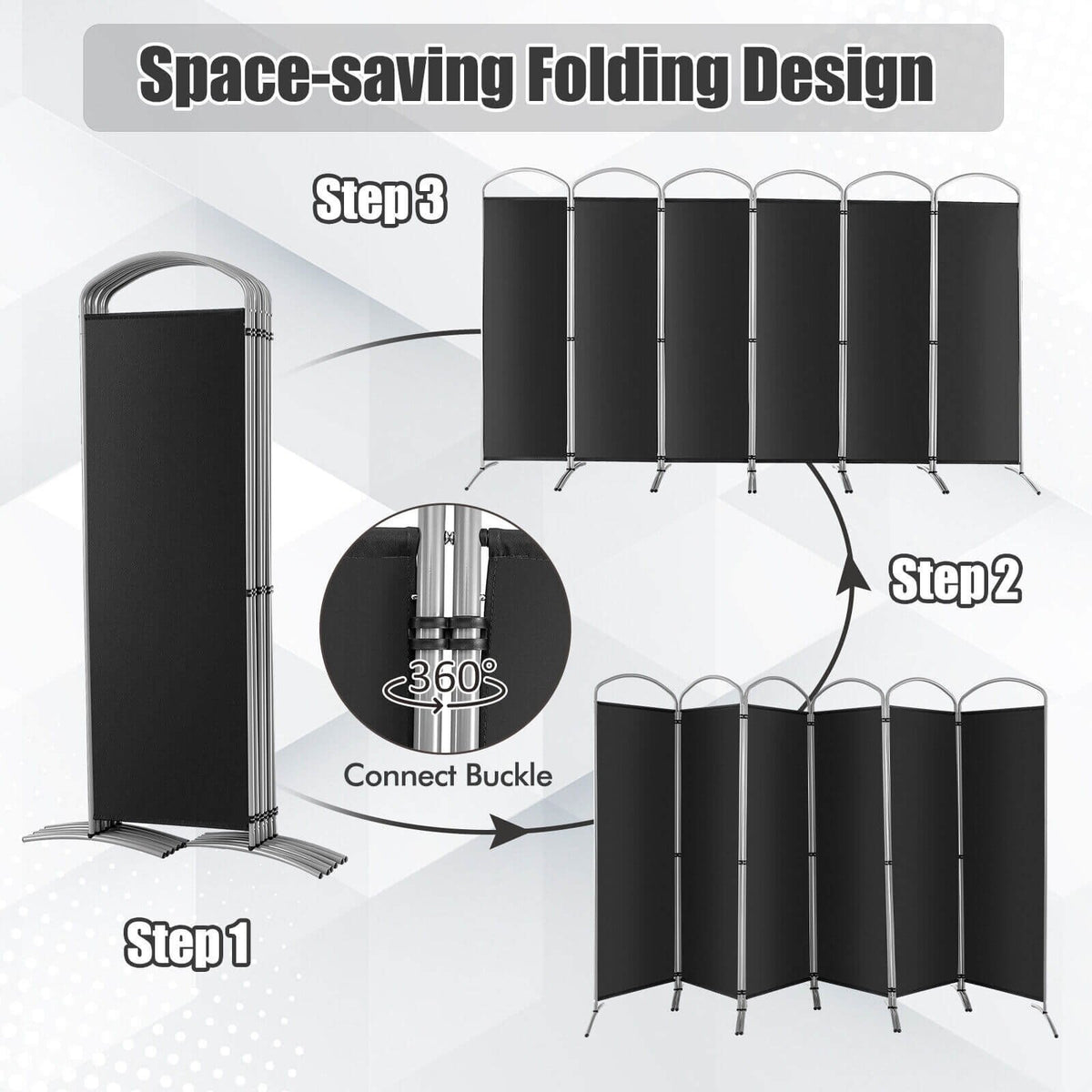 6-Panels Freestanding Folding Privacy Screen-Black view 8