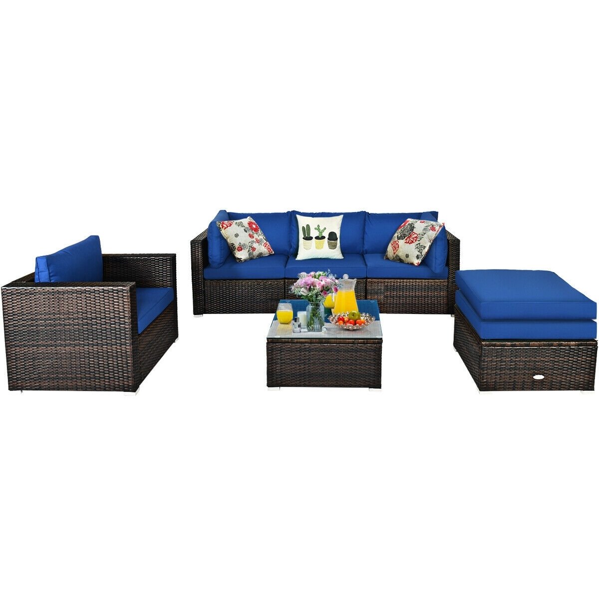 6 Pieces Patio Rattan Furniture Set with Sectional Cushion-Blue view 3