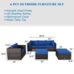 6 Pieces Patio Rattan Furniture Set with Sectional Cushion-Blue view 4