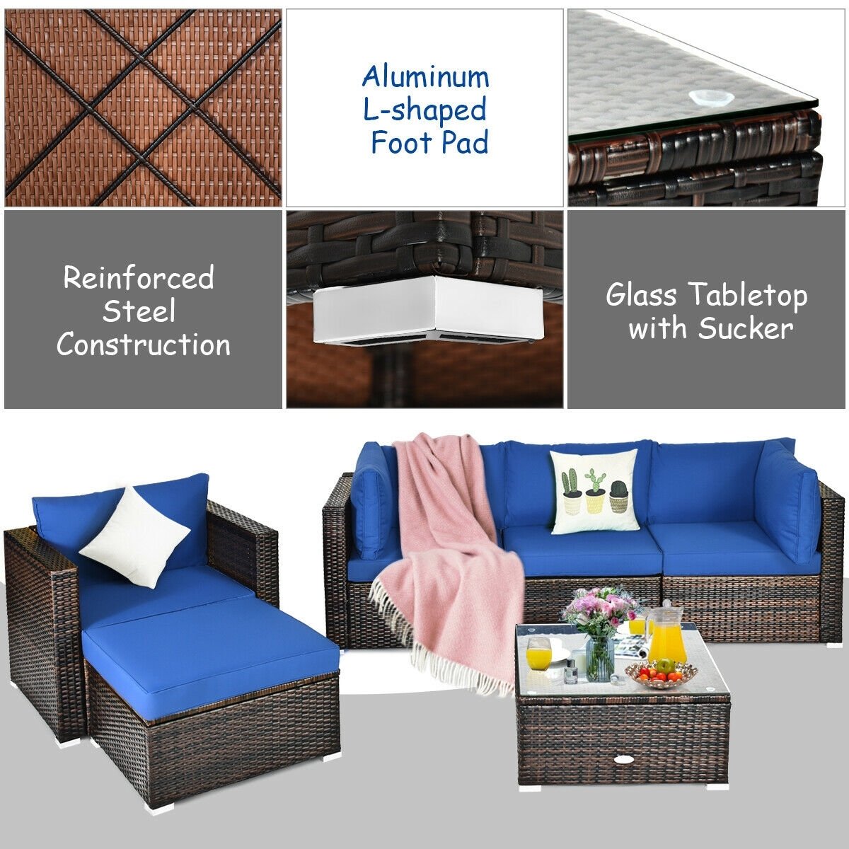 6 Pieces Patio Rattan Furniture Set with Sectional Cushion-Blue view 6
