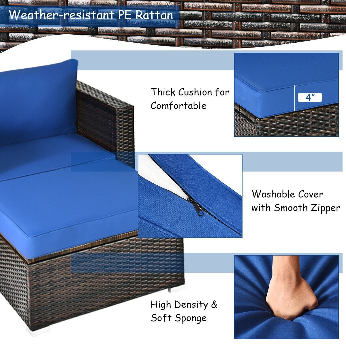 6 Pieces Patio Rattan Furniture Set with Sectional Cushion-Blue view 7