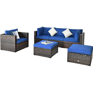 6 Pieces Patio Rattan Furniture Set with Sectional Cushion-Blue view 8