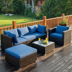 6 Pieces Patio Rattan Furniture Set with Sectional Cushion-Blue view 9
