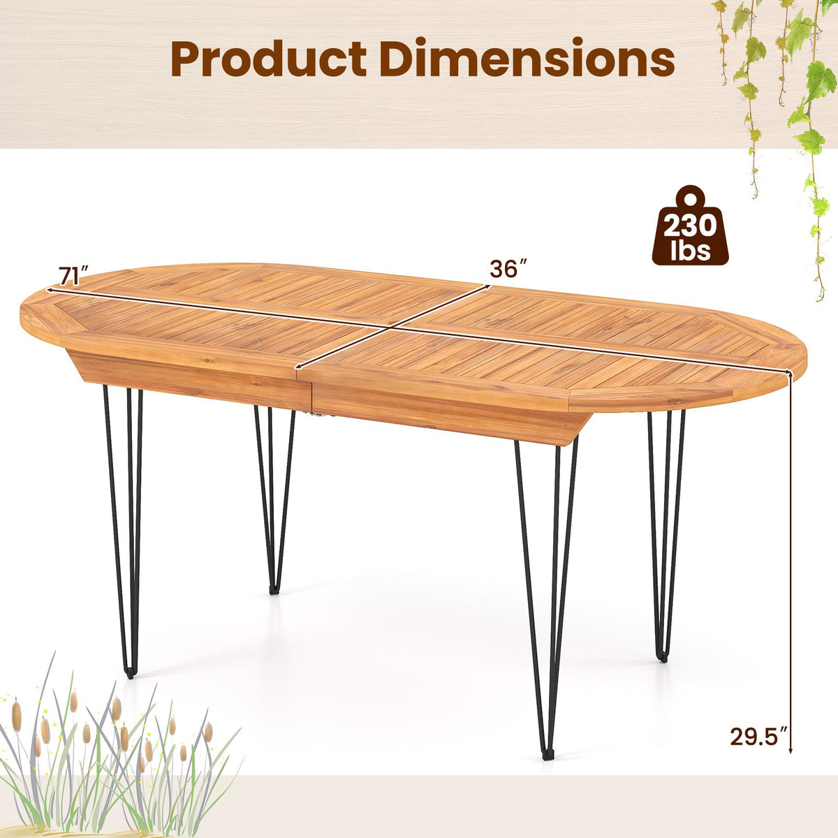 6 Person 71 Inch Patio Dining Table with Teak Wood Tabletop view 5