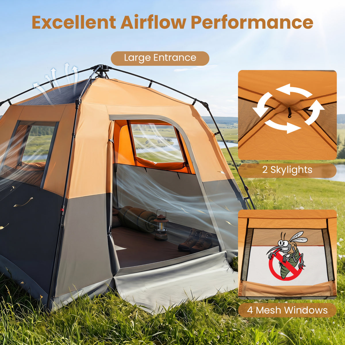 6-Person Outdoor Camping Tent Blackout Easy Setup Instant Cabin Tent with Rainfly and Carrying Bag-Orange view 6