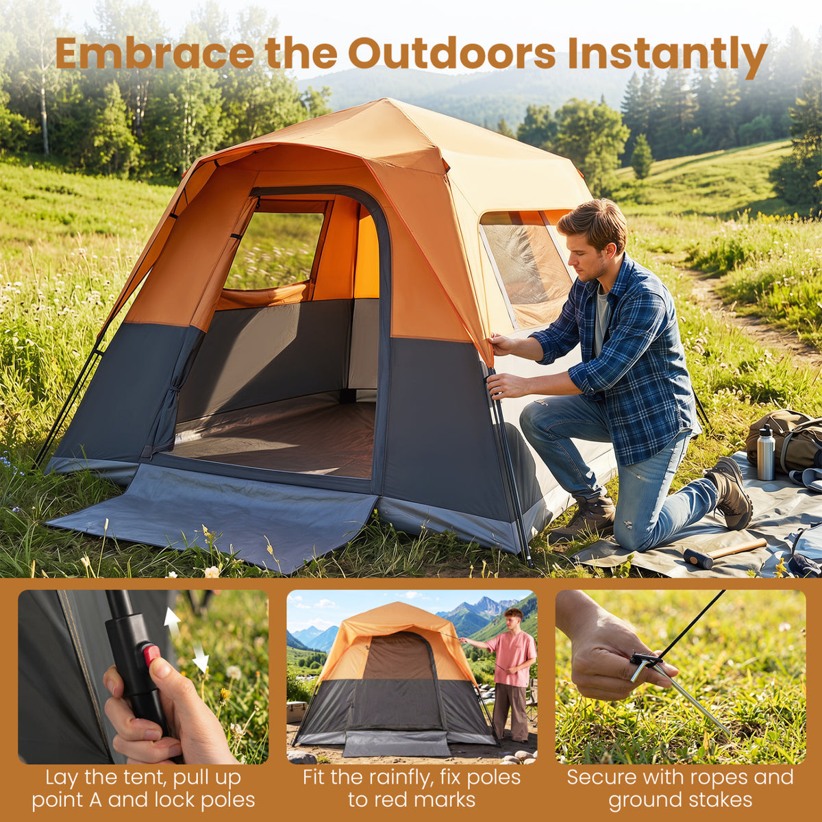 6-Person Outdoor Camping Tent Blackout Easy Setup Instant Cabin Tent with Rainfly and Carrying Bag-Orange view 8