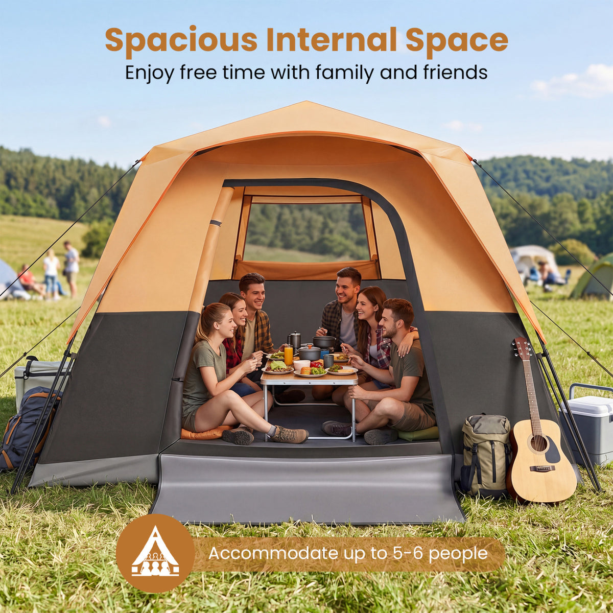 6-Person Outdoor Camping Tent Blackout Easy Setup Instant Cabin Tent with Rainfly and Carrying Bag-Orange view 9