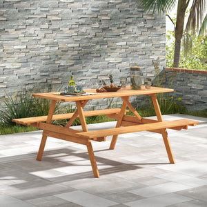6 Person Picnic Table Set Patio Rectangle with 2 Built-in Benches and Umbrella Hole view 2