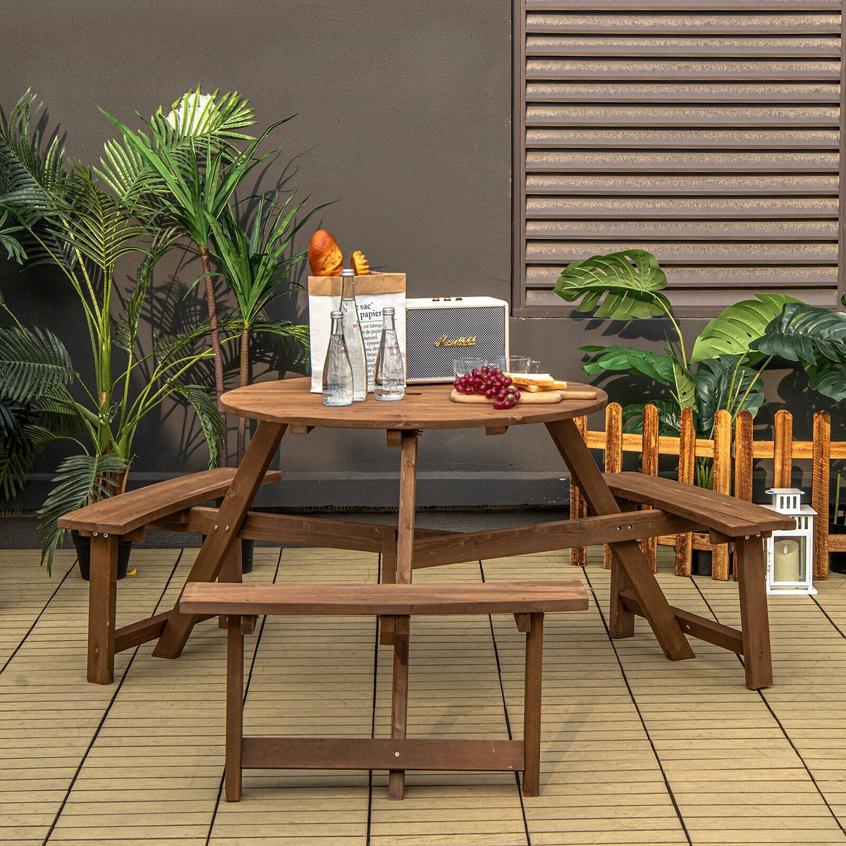 6-person Round Wooden Picnic Table with Umbrella Hole and 3 Built-in Benches-Dark Brown view 2