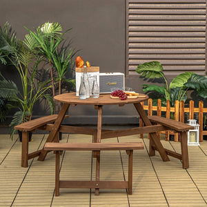 6-person Round Wooden Picnic Table with Umbrella Hole and 3 Built-in Benches-Dark Brown view 2