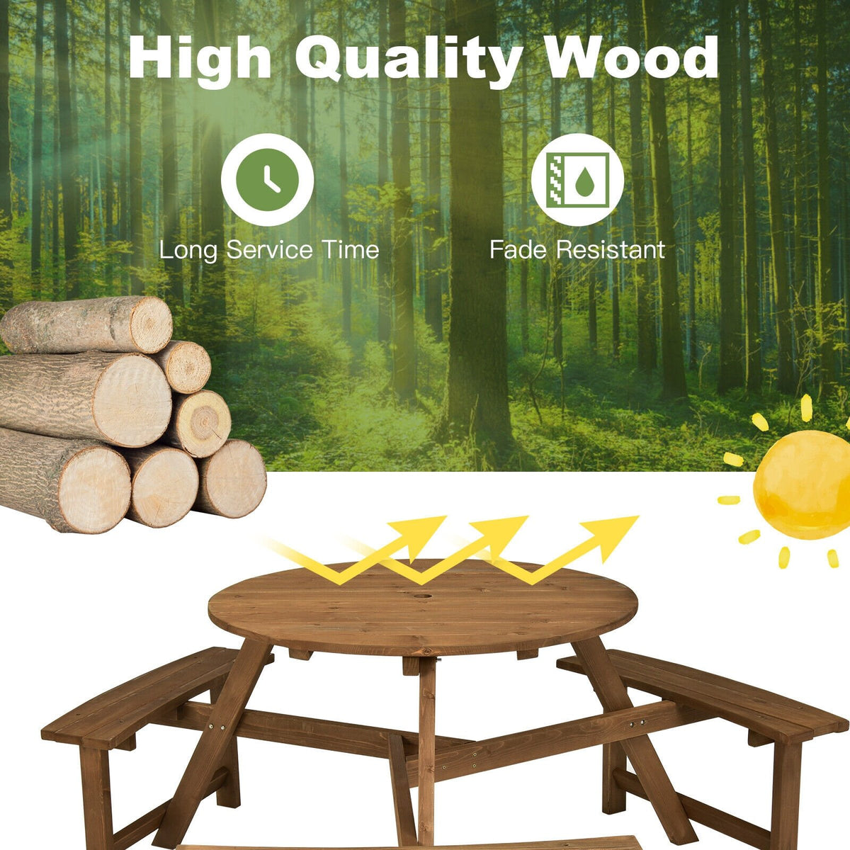 6-person Round Wooden Picnic Table with Umbrella Hole and 3 Built-in Benches-Dark Brown view 3
